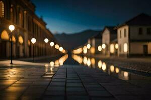 a street at night with lights on the buildings. AI-Generated photo