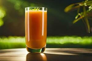 a glass of orange juice sitting on a table. AI-Generated photo