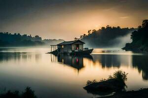 a small houseboat sits on the water at sunrise. AI-Generated photo