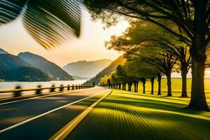 a road with trees and mountains in the background. AI-Generated photo