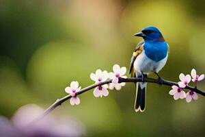 a blue and white bird sits on a branch with pink flowers. AI-Generated photo