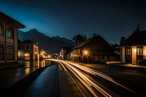 un largo exposición foto de un calle a noche. generado por ai