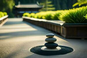 a stone stack sits on a path in front of a building. AI-Generated photo