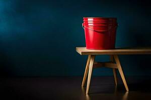 a red bucket on a wooden table. AI-Generated photo
