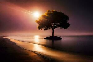 un solitario árbol soportes en el apuntalar de un lago a puesta de sol. generado por ai foto