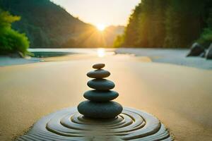 a stack of stones on the beach at sunset. AI-Generated photo