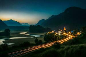 a long exposure photograph of a road and a river at night. AI-Generated photo