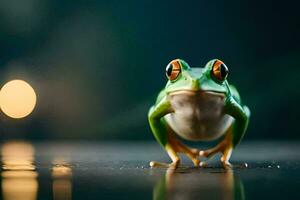 a frog with bright red eyes is standing on a wet surface. AI-Generated photo