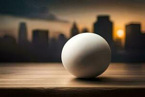 an egg on a table in front of a cityscape. AI-Generated photo