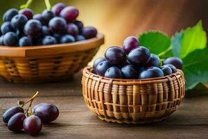 grapes in a basket on a wooden table. AI-Generated photo