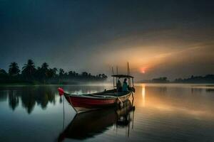 un barco en el río a amanecer. generado por ai foto