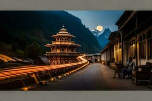 un foto de un edificio con un Luna en el antecedentes. generado por ai