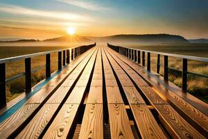 a wooden bridge over a field with the sun setting. AI-Generated photo