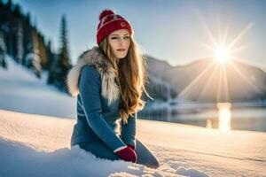 un mujer en un rojo sombrero y azul suéter sentado en el nieve. generado por ai foto