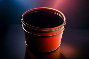 a red paint bucket on a dark background. AI-Generated photo