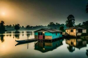 a houseboat sits on the water at sunrise. AI-Generated photo