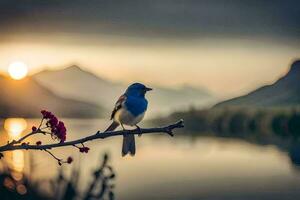 a blue bird sits on a branch near a lake. AI-Generated photo