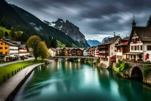 photo wallpaper the sky, mountains, river, houses, switzerland, switzerland, switzerland. AI-Generated