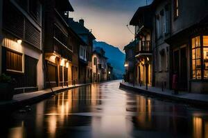 un estrecho calle con agua corriendo mediante eso a oscuridad. generado por ai foto