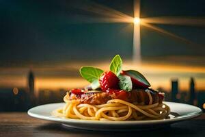 a plate of spaghetti with tomato sauce and strawberries on a wooden table. AI-Generated photo