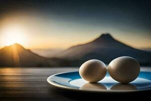 two eggs on a plate with mountains in the background. AI-Generated photo