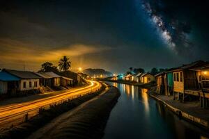 el lechoso camino brilla terminado un pequeño pueblo a noche. generado por ai foto