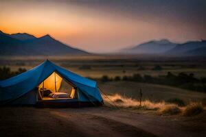 the tent is lit up at sunset in the middle of nowhere. AI-Generated photo