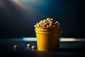 a bucket full of peanuts on a dark table. AI-Generated photo