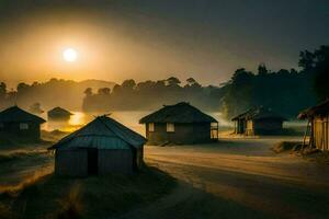 the sun rises over a group of huts in the middle of a field. AI-Generated photo