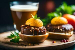 food on a wooden plate with a glass of beer. AI-Generated photo