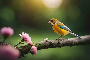 a bird sits on a branch with pink flowers. AI-Generated photo