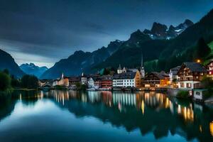 photo wallpaper the sky, mountains, lake, town, house, house, house, house,. AI-Generated