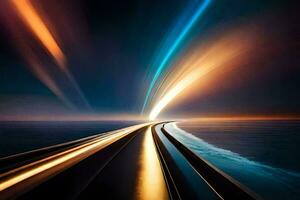 a long exposure photograph of a road with light trails. AI-Generated photo
