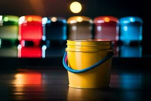 a yellow bucket with a blue handle on a table. AI-Generated photo