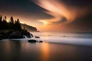 a long exposure photograph of a sunset over the ocean. AI-Generated photo