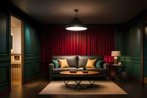 un vivo habitación con oscuro madera paredes y un sofá. generado por ai foto