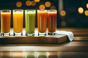 five different juices are lined up on a wooden tray. AI-Generated photo