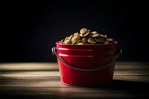 a red bucket filled with peanuts on a wooden table. AI-Generated photo