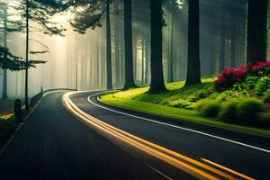 un largo exposición fotografía de un la carretera en el bosque. generado por ai foto