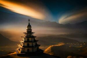 un Iglesia en el montañas a noche. generado por ai foto