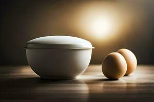 two eggs sit next to a bowl on a table. AI-Generated photo