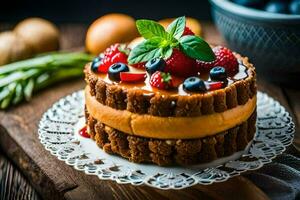 a cake with berries and cream on top. AI-Generated photo