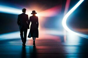 un Pareja caminando en un túnel con ligero viniendo desde el atrás. generado por ai foto