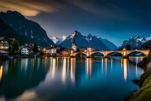 el pueblo de hallstatt, Austria, es iluminado arriba a noche. generado por ai foto