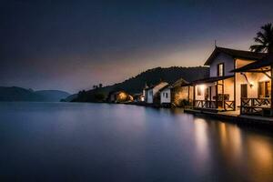 un casa en el agua a noche. generado por ai foto