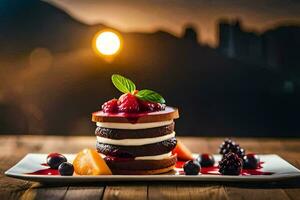 a stack of pancakes with berries and a sunset in the background. AI-Generated photo