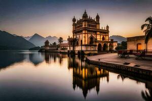 el palacio de udaipur a puesta de sol. generado por ai foto