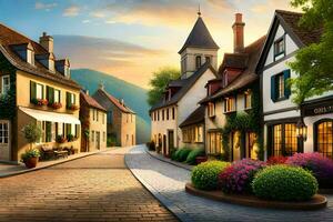 a street in the village at sunset. AI-Generated photo