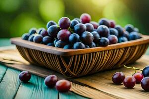 grapes in a basket on a wooden table. AI-Generated photo