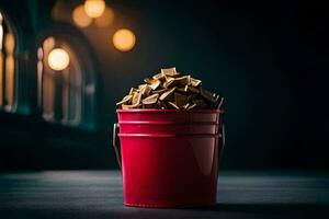 a red bucket filled with chocolate bars. AI-Generated photo